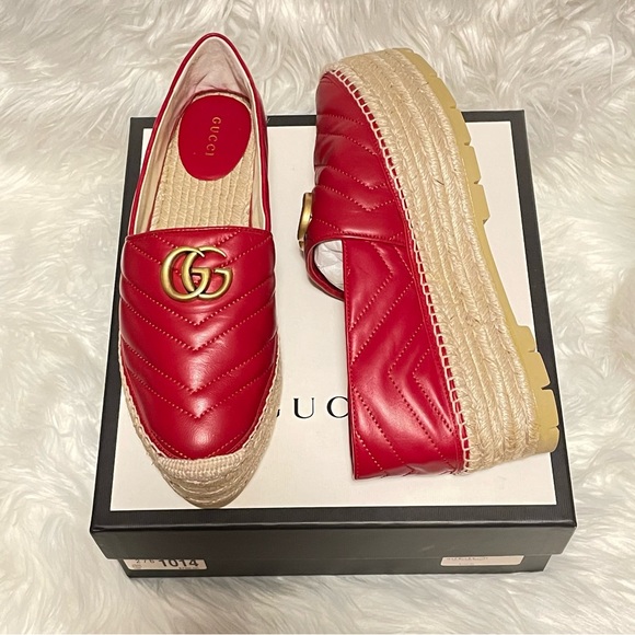 Gucci Red Matelassé Leather GG Marmont Pilar Platform Espadrille Flats size 40 - Picture 2 of 9